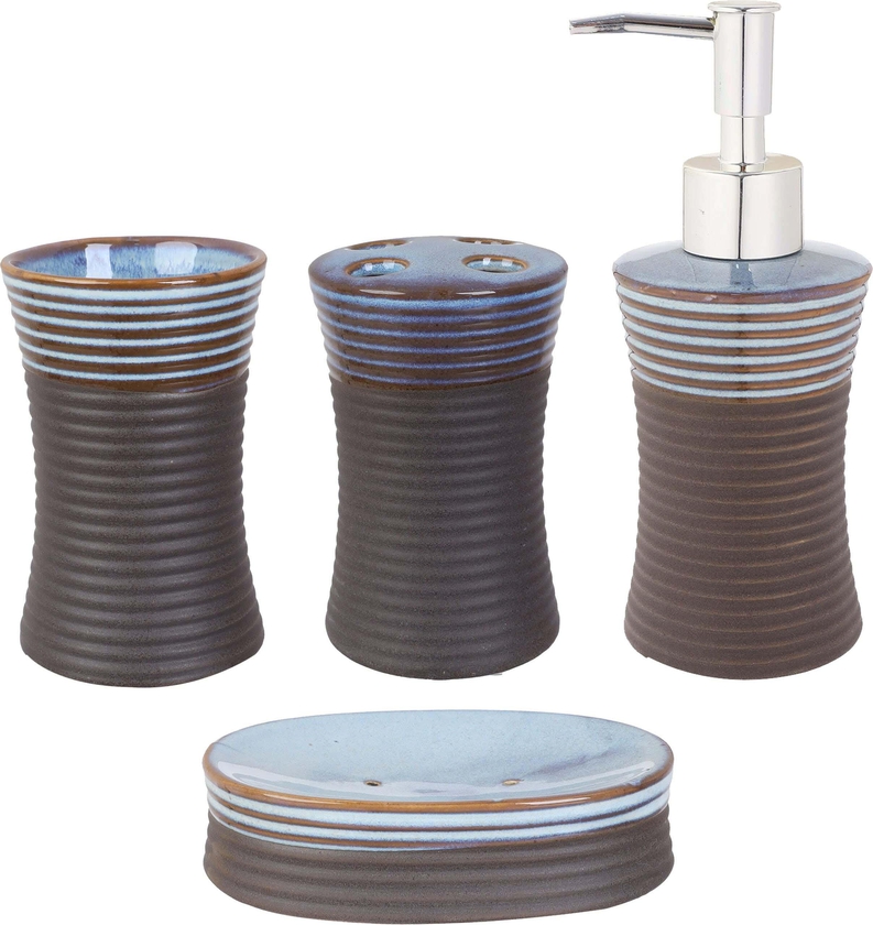 Get Porcelain Bathroom Accessories Set, 4 Pieces - Dark Brown Light Blue with best offers | Raneen.com