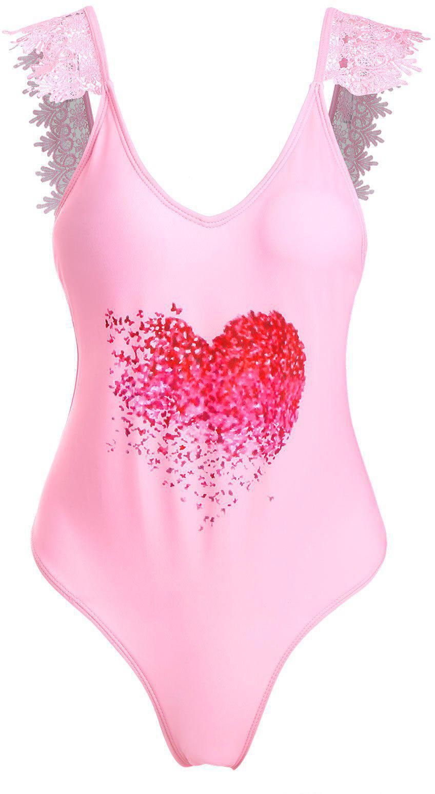 Lace Applique Plunge Heart Print Valentine Swimsuit - Xl