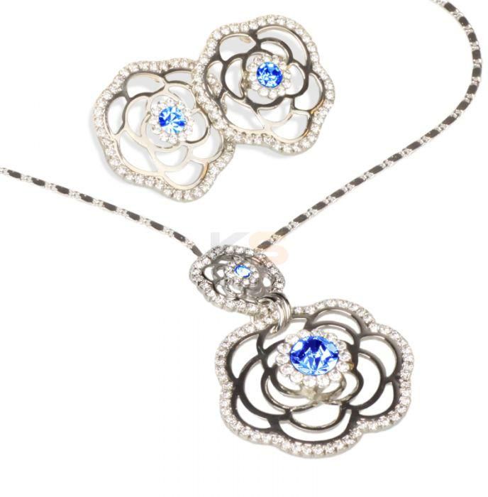 NEOGLORY Blue Diamond Flower Imitation Platinum Plated Necklace& Earrings Jewelry Set