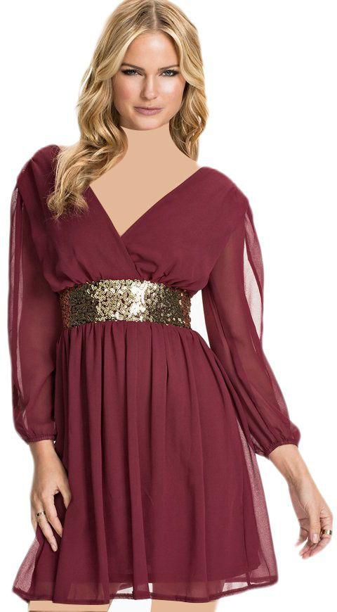 Split Sleeve Sequin Waistband Dress for women ,Brown,M,OH70234LBR