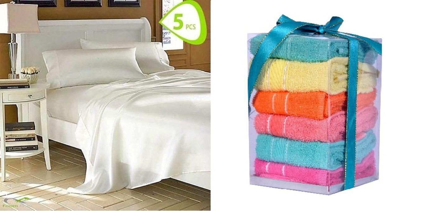 Satin Bed Sheet Set - 5 Pcs - Off White + Cotton Towels - 6 Pcs - 30*30 Cm