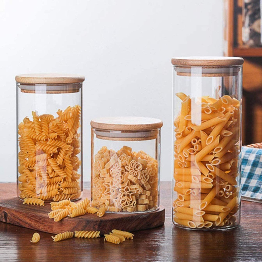1CHASE&reg;  3 Pcs Glass Food Storage Jars Air Tight borosilicate Kitchen Food Storage Container Set with Natural Bamboo Lids for Candy Cookie Rice Sugar Flour Pasta Nuts 450 ML /700ML/1200ML
