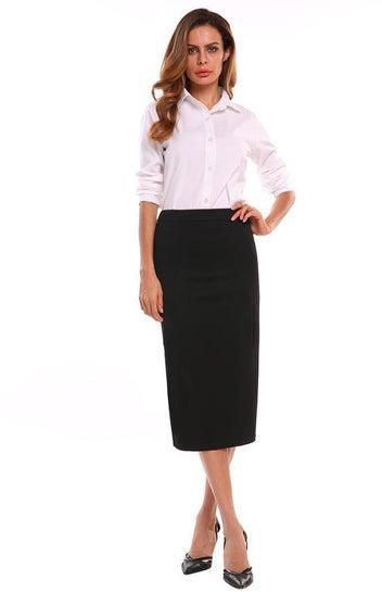 Business Split Solid Mid Calf Pencil Skirt Black