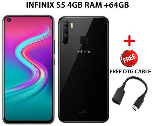 Infinix S5,6.6",64GB+4GB RAM,,4 AI Cameras,32MP FF, 4000mAh-Black.+FREE OTG Cable.