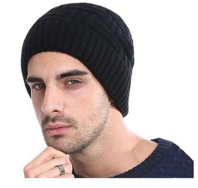 Men Winter Knitting Warm Hat Daily Slouchy Wool Skull Cap-Black