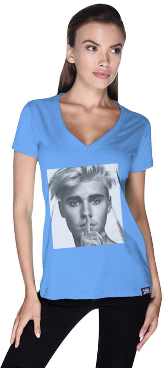 Creo Bieber Celebrity Hush V Neck T-Shirt for Women - XL, Blue