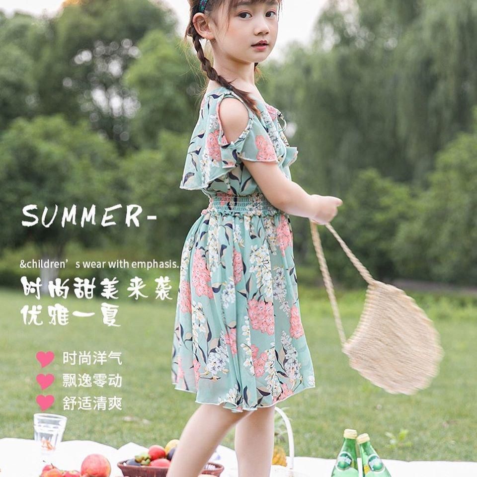 Girls Off-Shoulder Floral Casual Dress 4-12Y - 6 Sizes (Green - Pink)