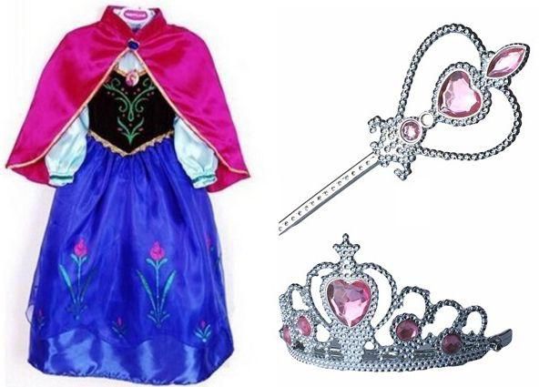 3 Pieces Elsa Anna Blue And Purple Dress Frozen With Pink Crown And Wand 7-8 Years