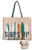 Mona B Surfs Up Burlap Tote Bag Bl-248 with Coin Purse
