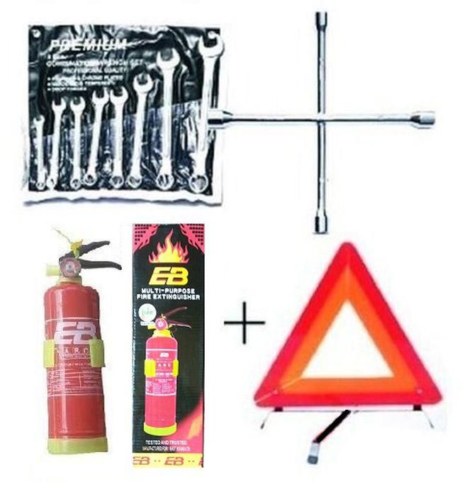 Fire Extinguisher + Wheel Spanner + 8 Pcs Flat & Ring Spanner + C-Caution Sign