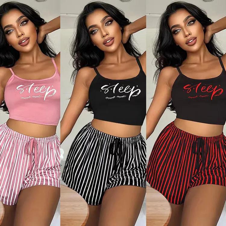 New Arrival 2pcs/Set Women's Sexy Pajama Set Sexy Umbilical Suspender Tank Top and Shorts Set Letter Stripe Printed Design Elastic Soft Fabric Large Size Women's Home Wear Can Be W