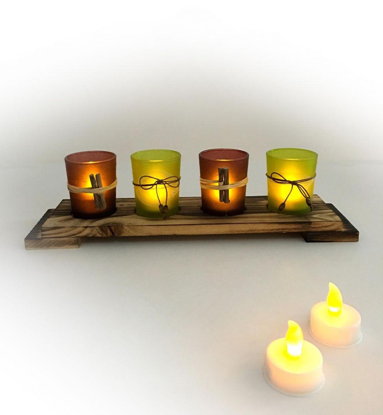 Candles in the form of industrial cups medium-sized 4-drawn pieces with a wooden board