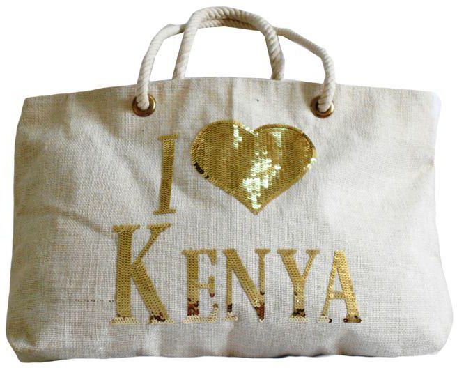 Fashion Jute Sequin "I Love Kenya" Tote Bag - Large A3 Size