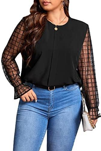 SHEIN Women's Plus Size Elegant Plaid Contrast Mesh Long Sleeve Blouse Shirt Top