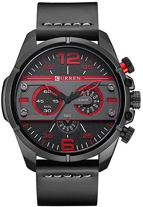 Curren 8259 Men's Sports Waterproof Leather Strap Analog Display Wrist Watch - Red