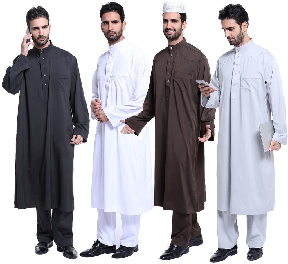 High quality Muslim Islamic Clothing for men Arabia Jubba Thobe plus size dubai Men's Kaftan Abaya clothing 2 pcs set 4 colors