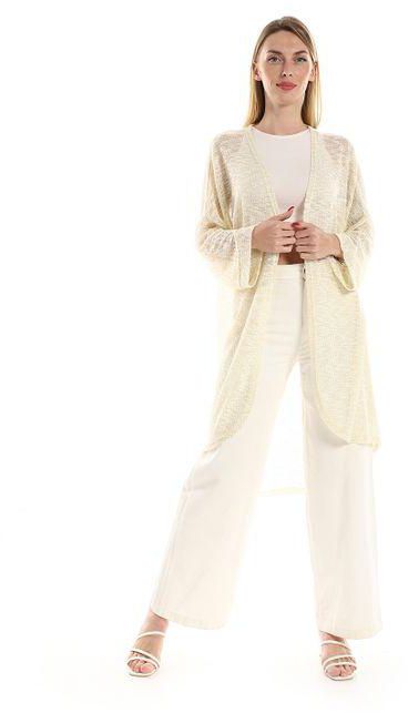 Kady Knitted Pattern Long Sleeves Kimono - Gold, White & Off-White