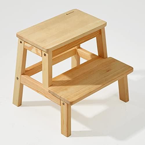 HOUCHICS Wooden Step Stool for Adults Kids, Solid Wood Bed Step Stool, Multi-Purpose 2-Step Stool for Kitchen, Bed, Bathroom（Wooden）