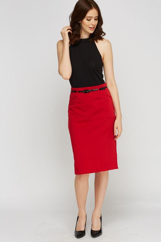 Collection London High Waist Belted Pencil Skirt-RED