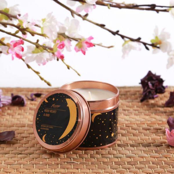 Rose Velvet And Oud Moon And Stars Rose Gold Tin Candle
