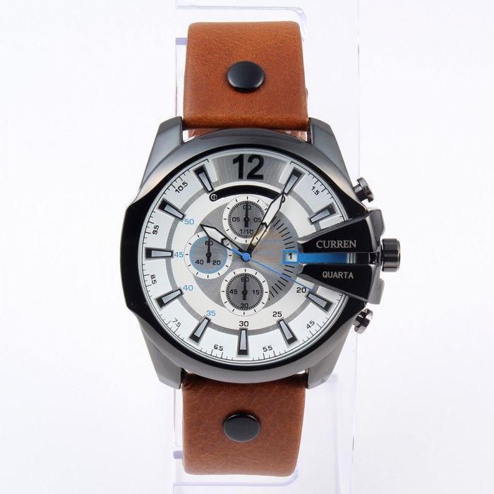 CURREN 8176 Male Quartz Watche Big Round Dial Analog PU Leather Strap & Data Sport Watch-Blue & white
