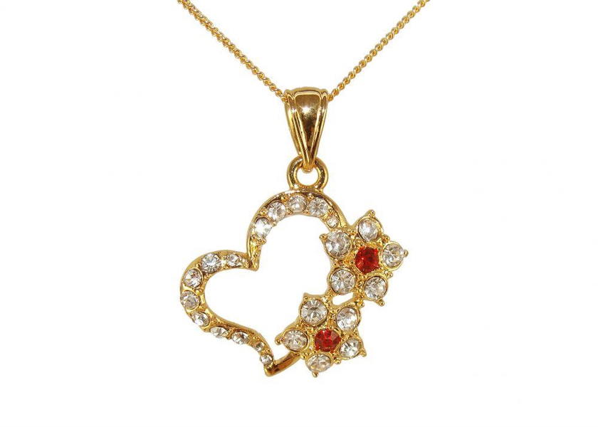 VP Jewels Women's 22K Gold Plated Big Heart Two Flowers Necklace, 16 inches