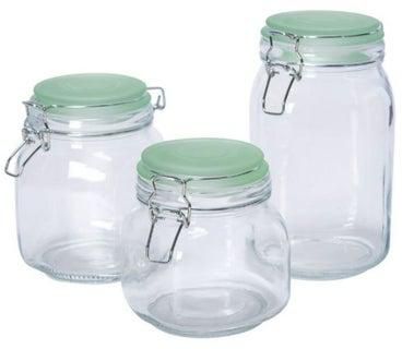 3-Piece Glass Storage Jar With Clip Lid Clear/Silver/Green