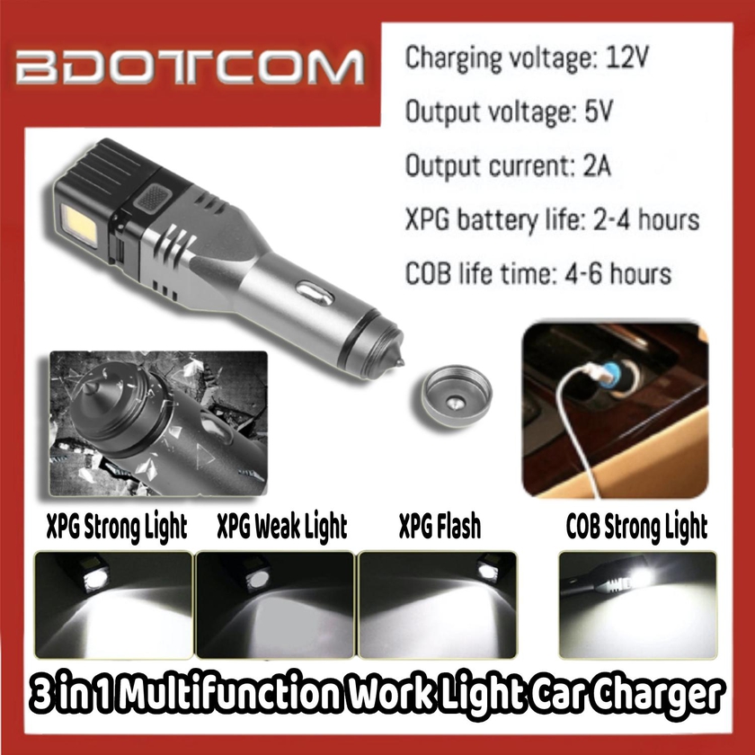 3 in 1 Multifunction Work Light Car Charger for Samsung / Huawei / Xiaomi / Oppo