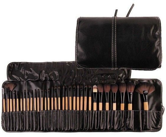 32 Pcs Brown Handle Professional Makeup Brush Gift Set Kit with Black Folding PU Leather Bag.