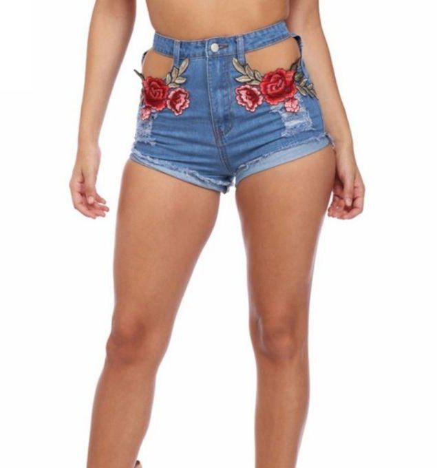 TANG Tang Women Sexy Applique Hole Shorts Sexy Jeans Denim Shorts - Blue