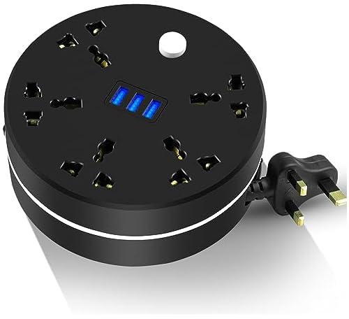 Concealable Power Strips Extension Cord 5 Outlets, 3 USB Ports Power Socket, Plug Extension with 2M Cord for Home Office