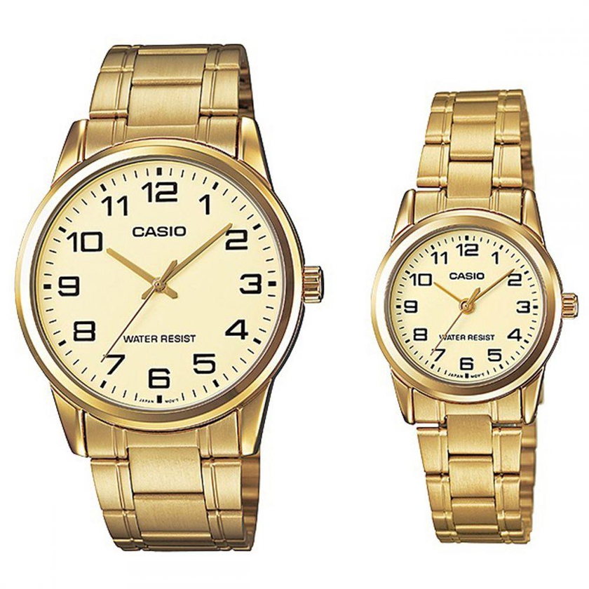 Casio His & Her Gold Dial Stainless Steel Band Couple Watch - MTP/LTP-V001G-9BUDF