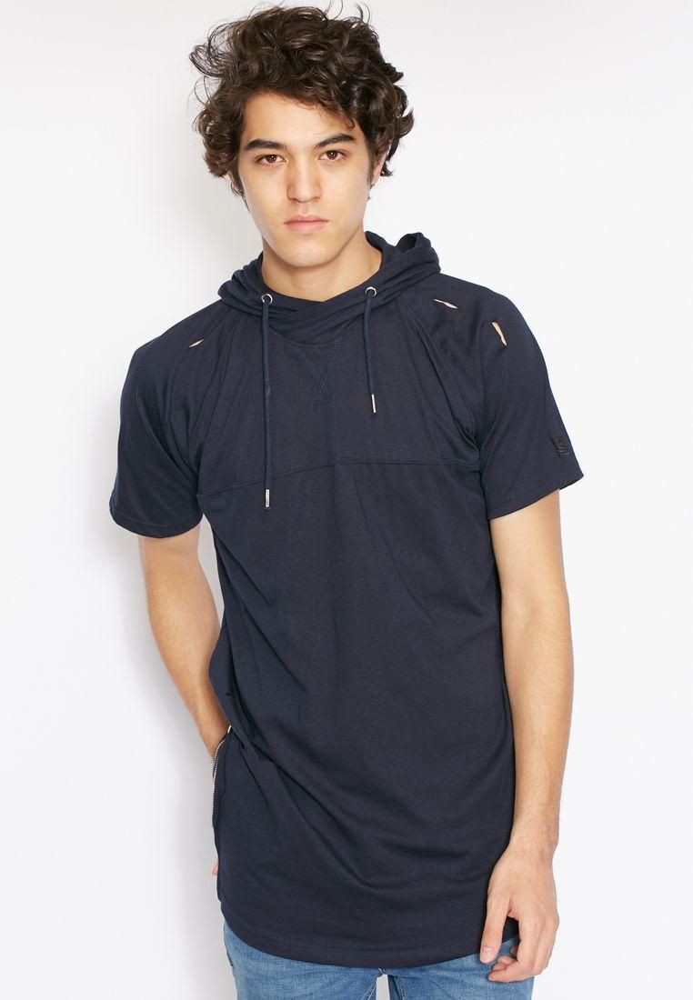 Distressed Long Line Hooded T-Shirt