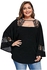 DRESSFO Women Plus Sizes Lace Insert Bell Sleeve Top - Black