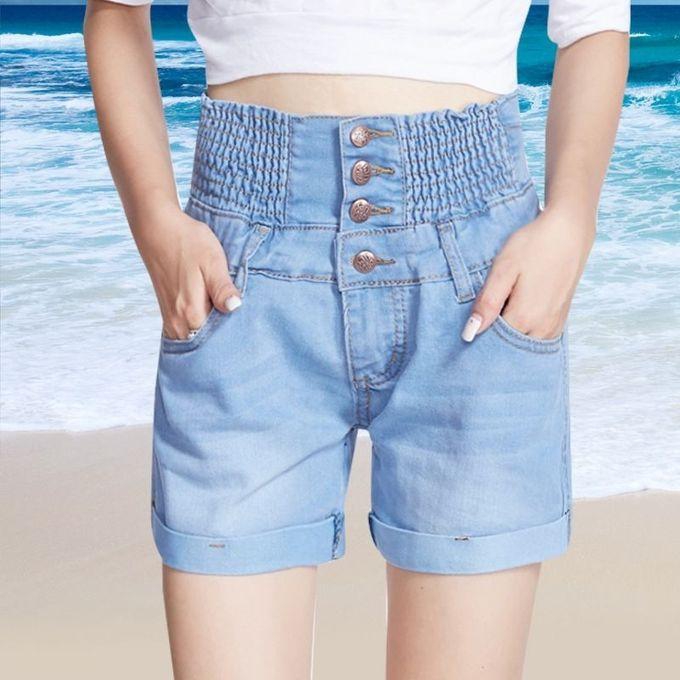Generic New Fashion Women Hot Sale High Waist Denim Shorts Female Summer Loose Tide Thin Elastic Waist Big Yards - Light Blue