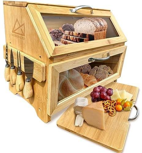 صندوق خبز عصري لطاولة المطبخ | مجموعة صندوق خبز خشبي 7 قطع مع شريط سكين مغناطيسي وادوات الجبن ولوح تقطيع من الخيزران | جودة طازجة وسهلة التخزين على سطح الطاولة للاستخدام اليومي