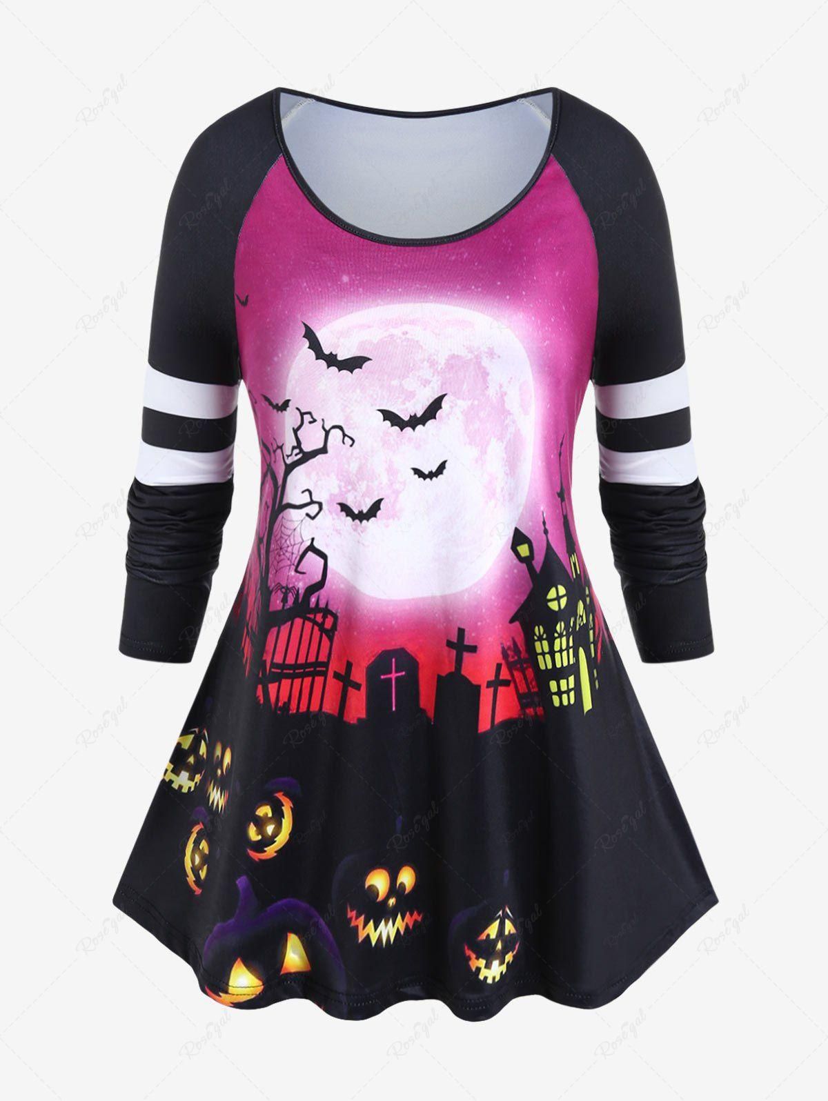 Halloween Moon Pumpkin Castle Print Raglan Sleeve T-shirt - 4x | Us 26-28