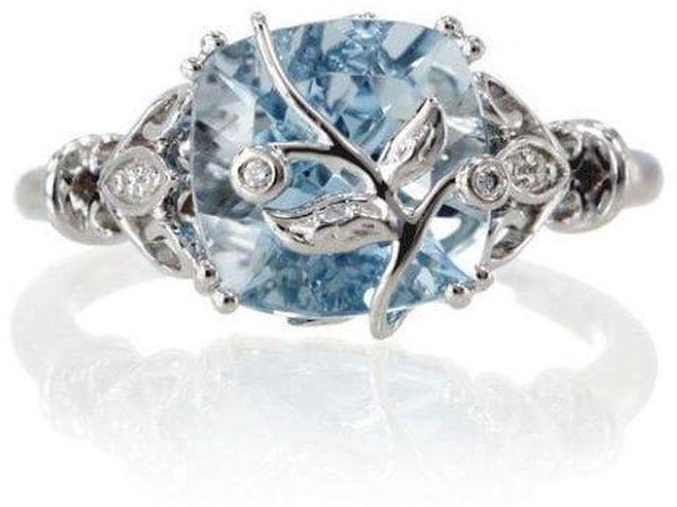 Fashion New Aquamarine Topaz Leaf Ring Platinum Plated With Imitation Sapphire Ring