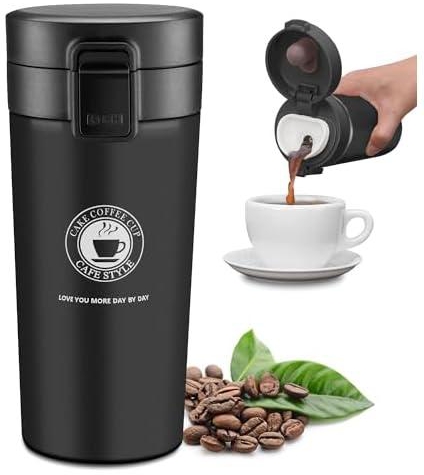 JEEZAO Travel Mug, Business Thermo Cup for Coffee Tea Drinks,Vacuum Insulated Flask,Leakproof BPA-Free, Stainless Steel (Black) 380ml BA0243