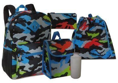 Fashion 5 in 1 Kids School Bag Set Medium (14 Inch Backpack,Lunch Bag,Pencil Case,Drawstring Bag,Water Bottle) - Black Blue & Grey