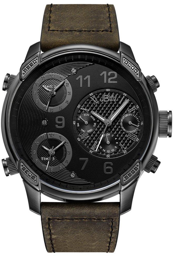 JBW Men's G4 Multi-Time Zone Swiss 16 Diamonds Black Dial Leather