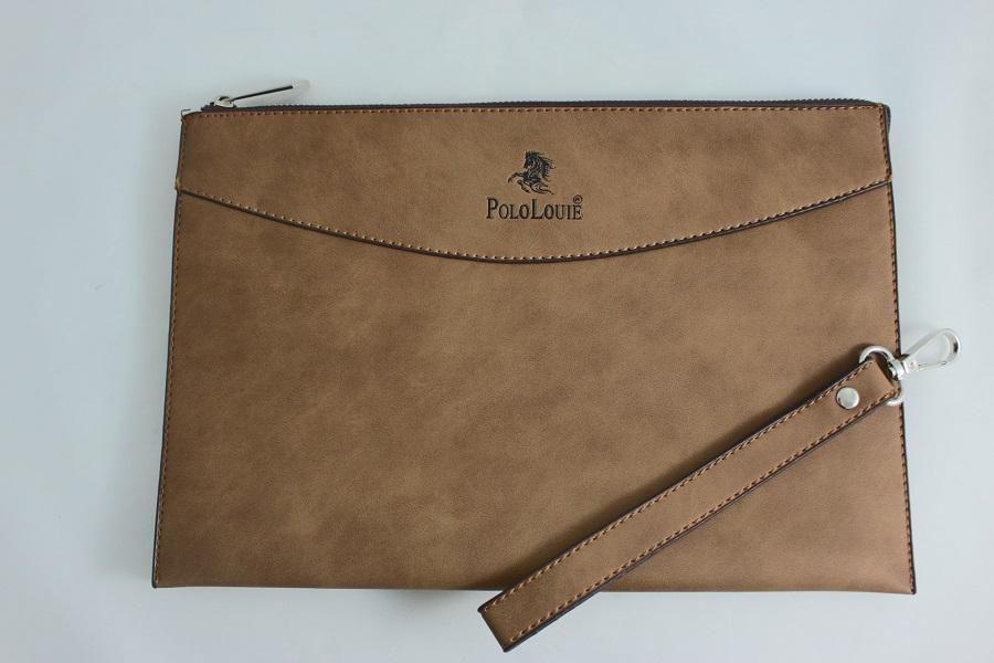 Polo Louie Men Leather Brown Envelope Flap Cardholder Clutch Bag (Khaki)