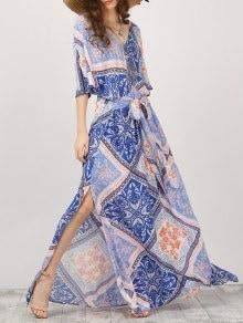 Kimono Sleeve Belted Printed Maxi Dress