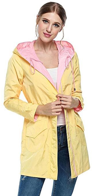 Sunweb Zeagoo Long Sleeve Hooded Trench Coat Drawstring Waist Pure Color Casual Outwear Slim Windbreak Jacket(Yellow)