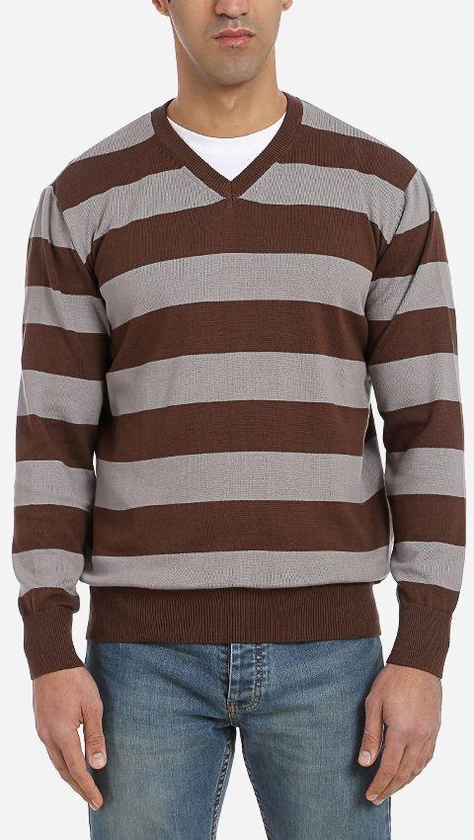 Andora Striped V-Neck Pullover - Brown