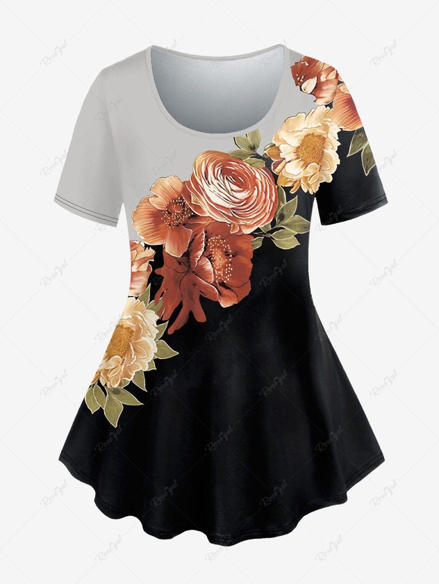 Plus Size Colorblock Flower Print T-shirt - 6x