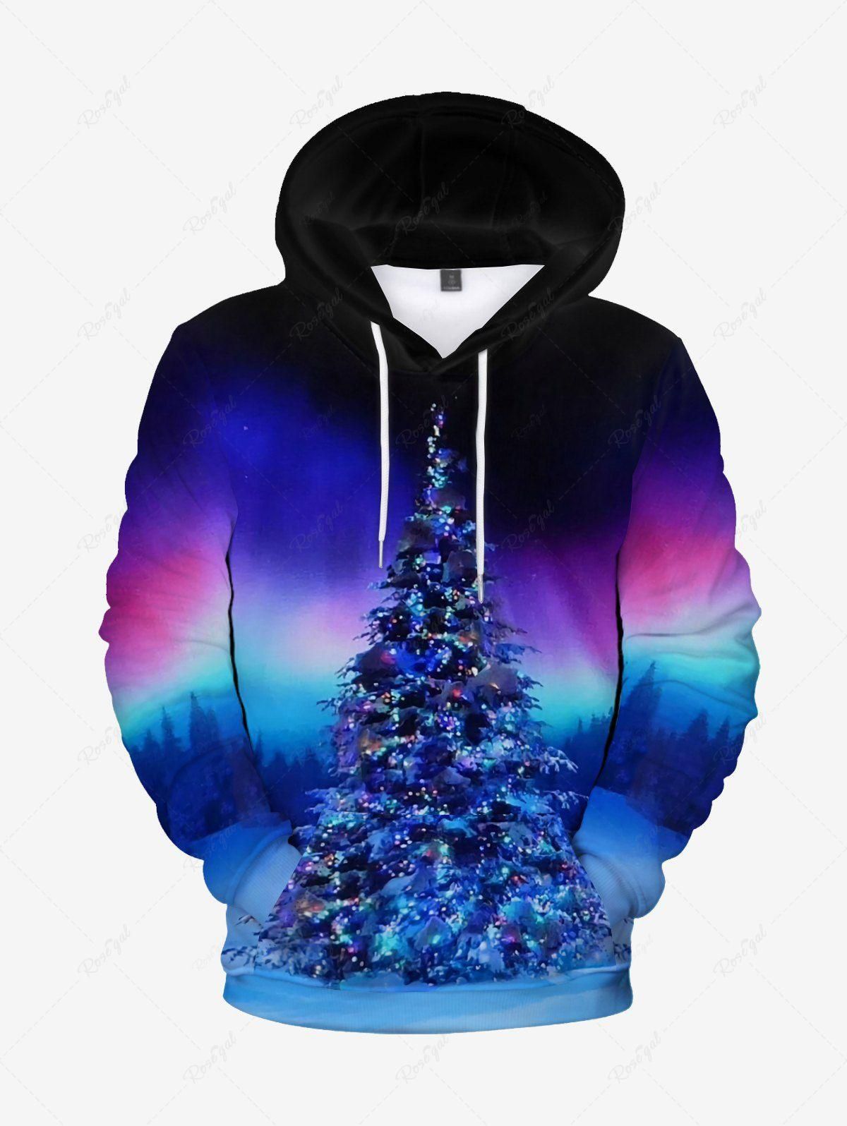 Men Christmas Tree Printed Ombre Flocking Lined Front Pocket Pullover Hoodie - 5xl
