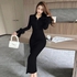 Fashion Black Women's POLO Collar Maxi Dress Feather Flare Sleeves Single Breasted Long Sweater Dress
