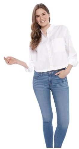 American Eagle Womens U-0355-5214-100 Cropped Oxford Button-Up Shirt XS White