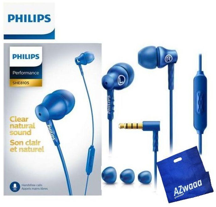 Philips In Ear Headphones With Mic ,3.5mm, SHE8105BL + Azwaaa Bag